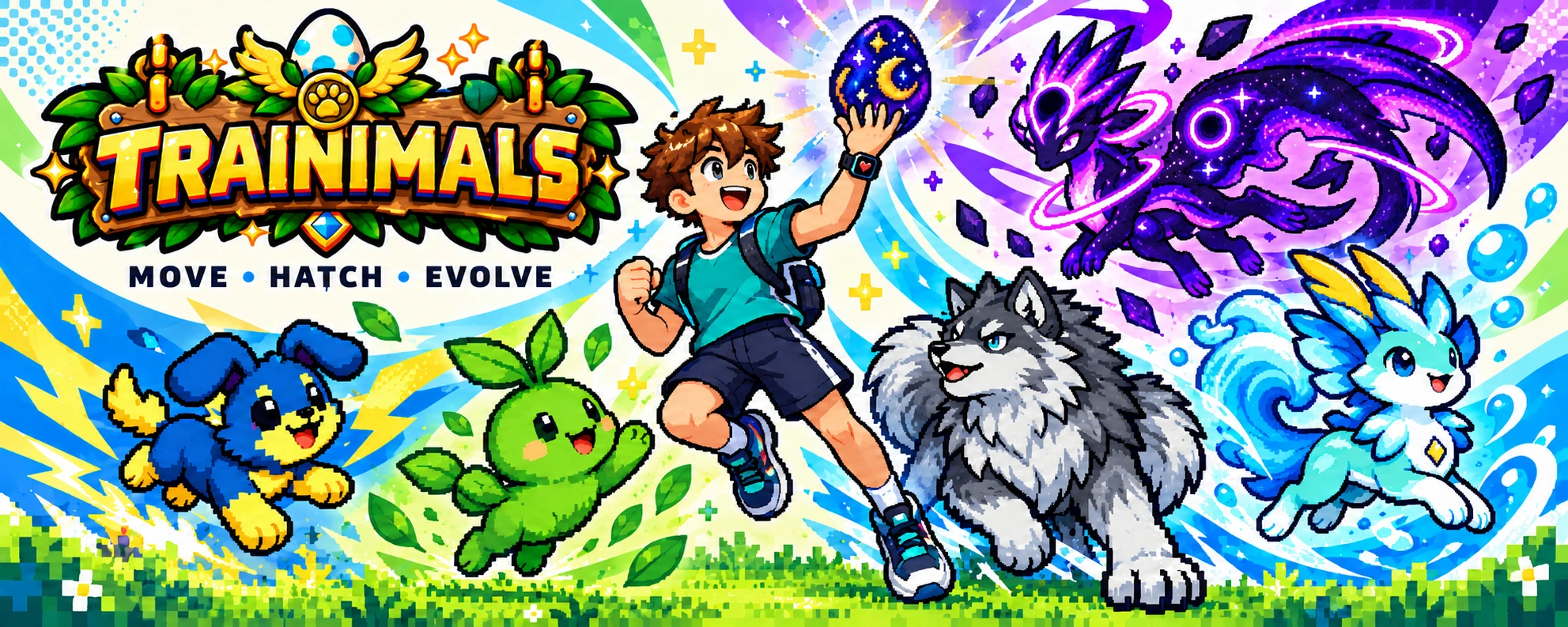 A trainer with a smartwatch leaps towards a glowing egg, surrounded by Pupbolt, Sproutlet, Direwarden, Tidecurl and Collapsar.